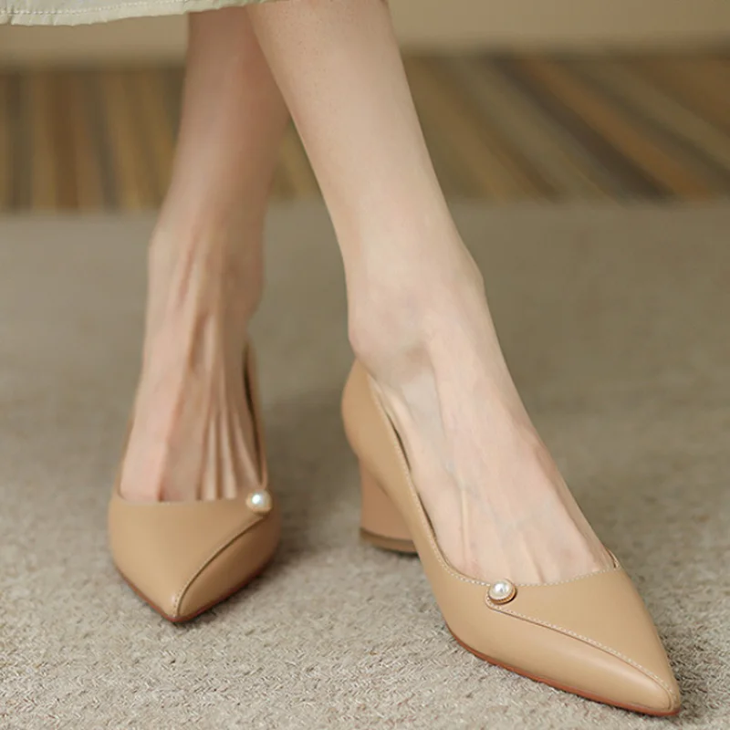 

Туфли женские персиковые на высоком каблуке, элегантная обувь из кожи, жемчужные белые, лето 2022