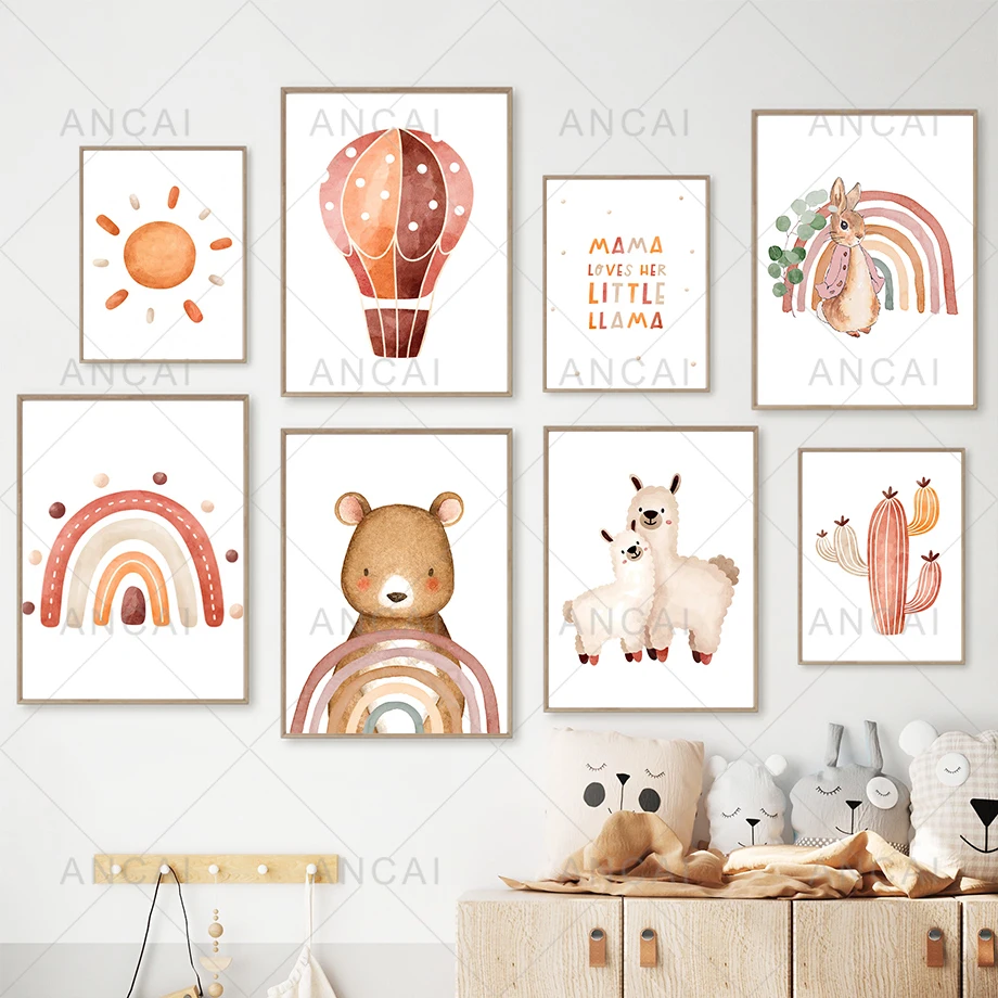 Милый богемный мультяшный медведь Альпака кактус солнце Радуга настенная