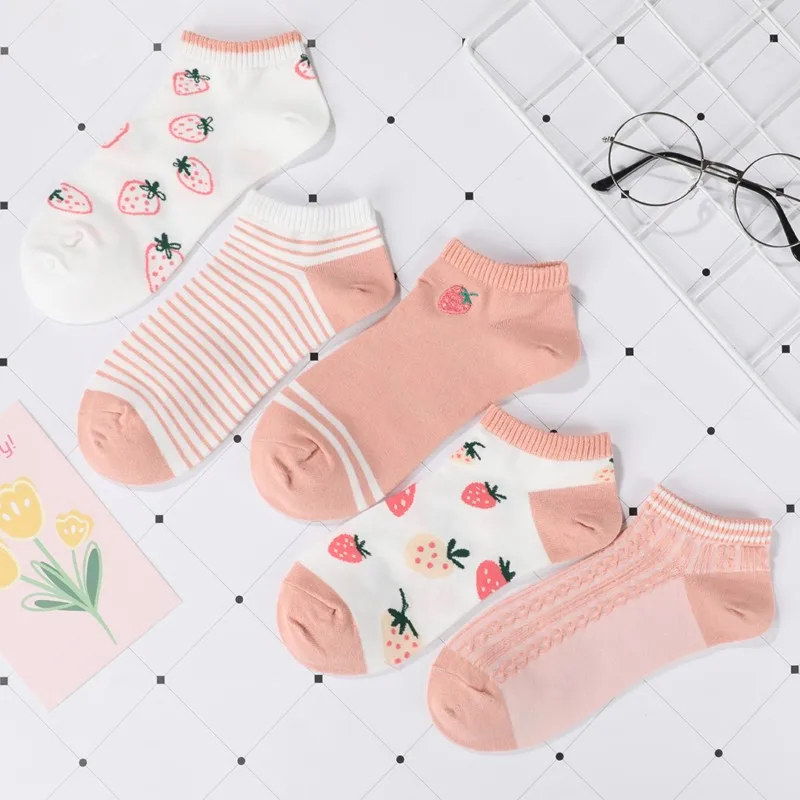 

5 Pairs/Lot Cute Strawberry Women Socks Funny Lolita Friut Print Embroidery Sock 2021 New Spring Summe Girls Fashio Sox Sokken