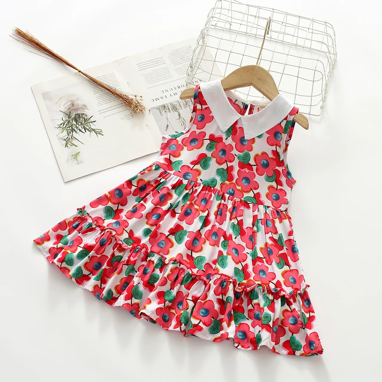

Girls' Sleeveless Rayon Skirt Summer Thin Floral Skirt White Collar Skirt Travel Skirt Children's Cotton Dress