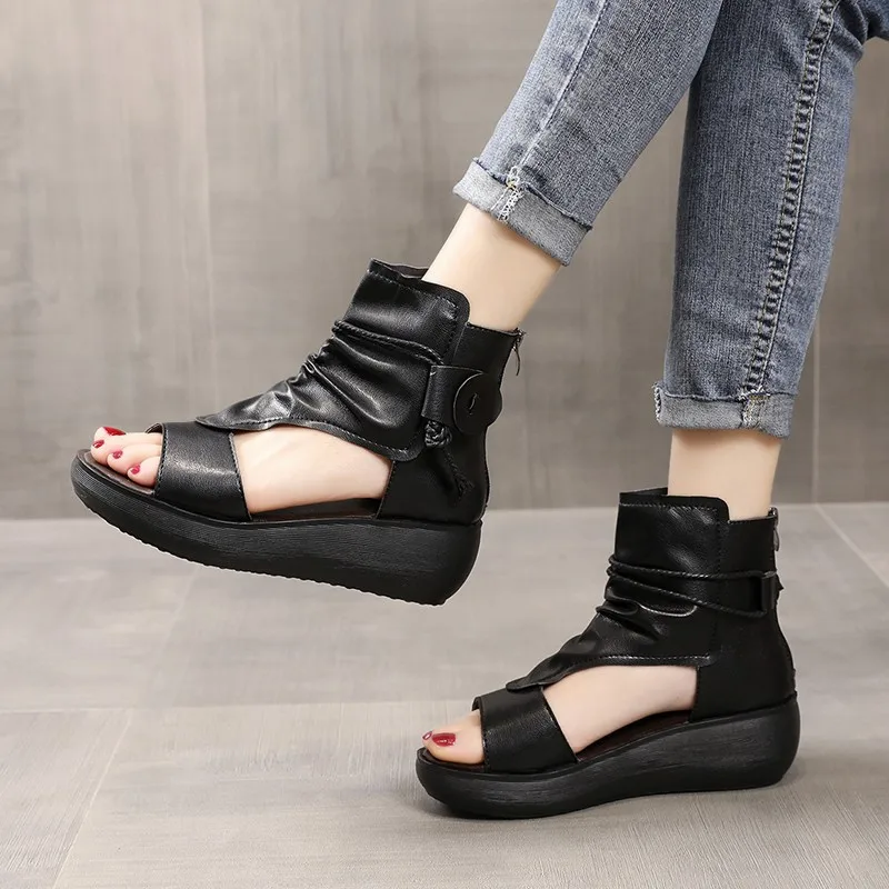 

Roman shoes high-top raised wedge sandals soft leather platform fish mouth sandals