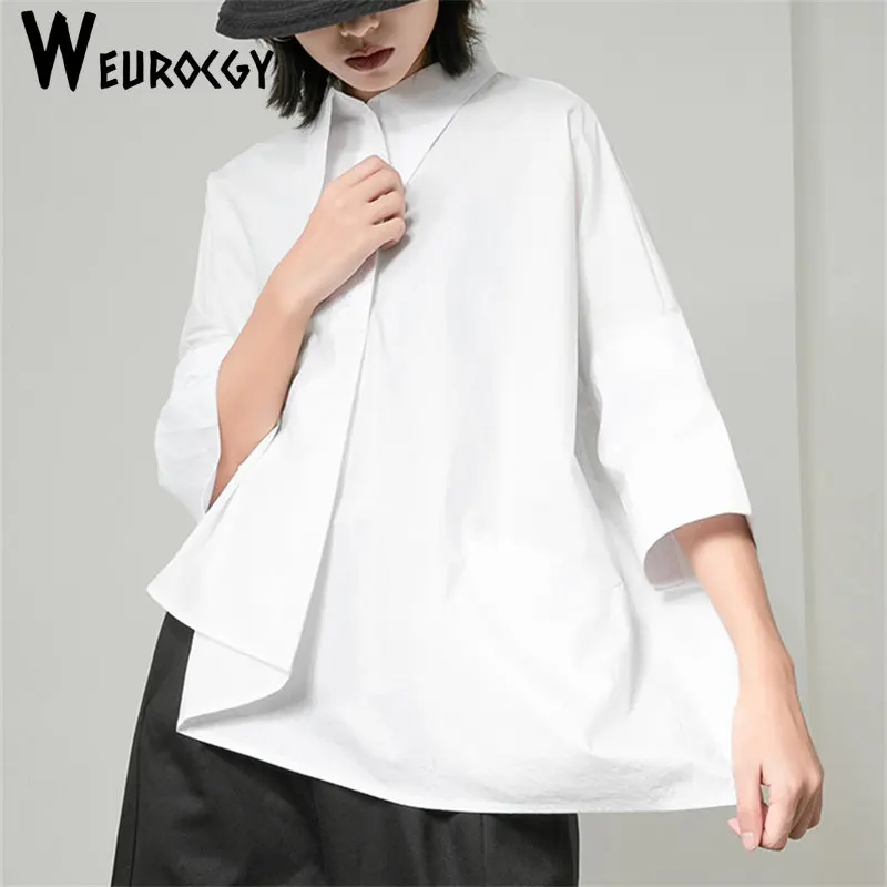 

New Woman Summer Trend Korean Irregular Shirt Polo Collar Loose Three Quarter Sleeve Asymmetry Fashion Casual Blouse Streetwear
