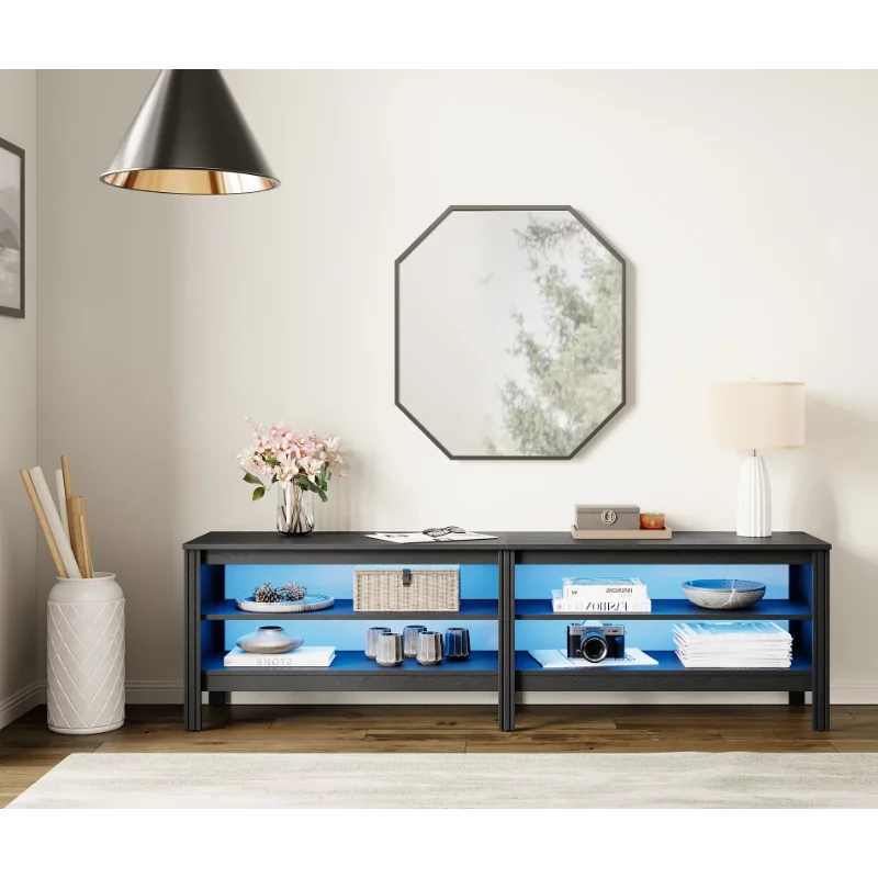 For 75 Inches Flat Screen, Led Wood Media Console Storage Cabinet Entertainment Center With 4 Open Shelves, 70 Inches