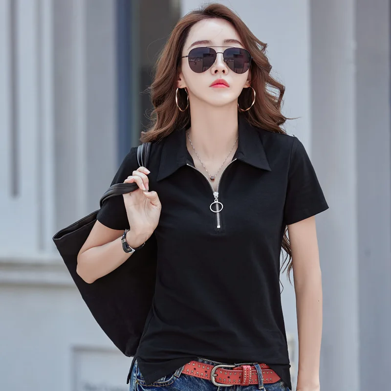 Женская футболка на молнии с отложным воротником и коротким рукавом |