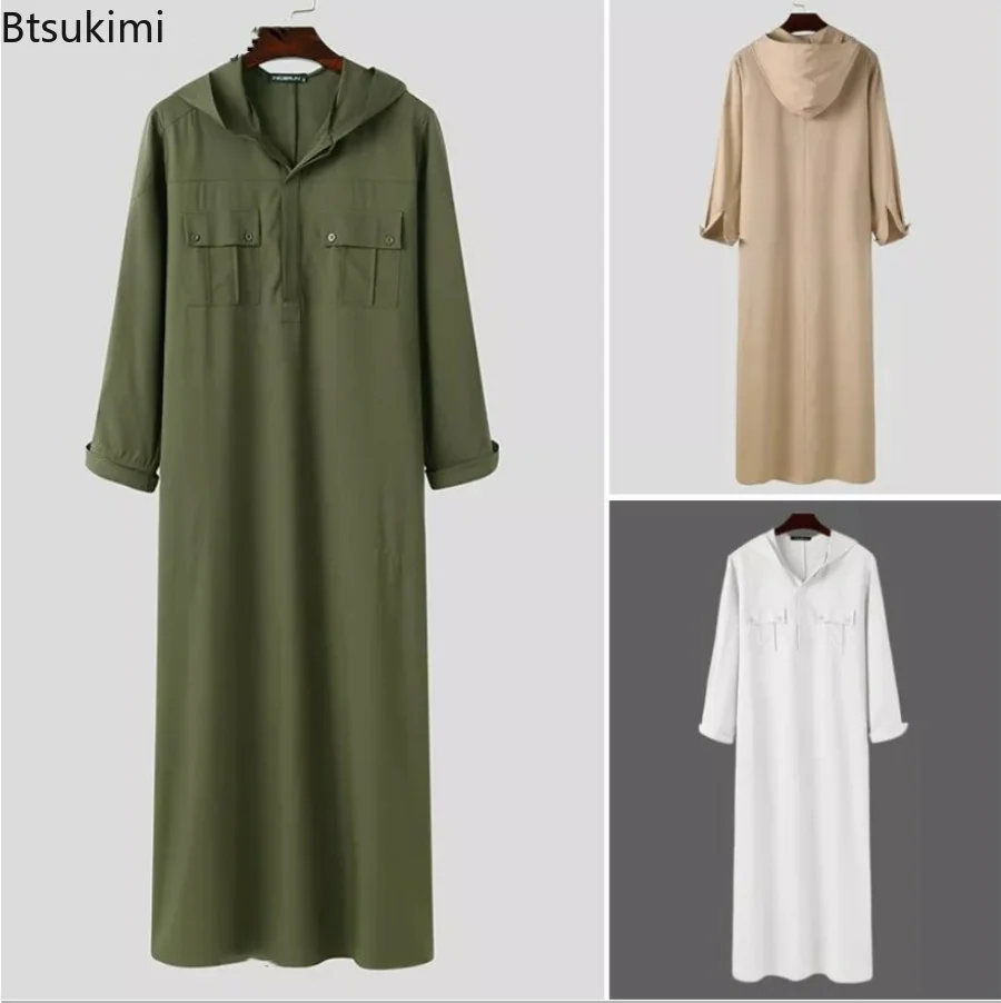Muslim Fashion Abayas Solid Muslim Hooded Robes Multi-pockets Kaftan Middle East Buttons Jubba Thobe for Men Islamic Clothing