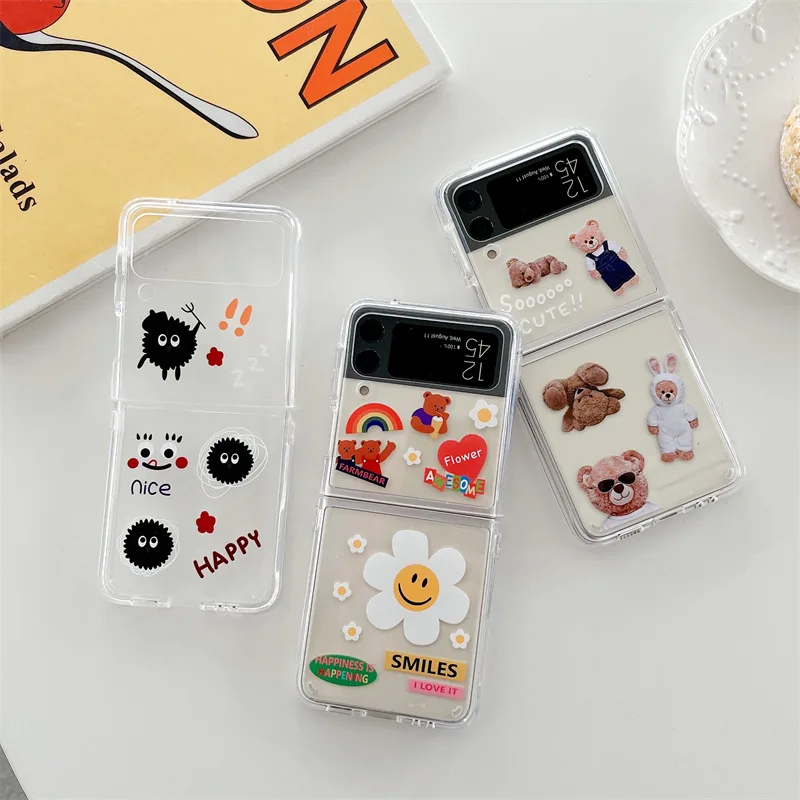 

Cartoon Carbon Ball Bear Flower Rainbow Transparent Phone Case for Samsung Galaxy Z Flip 3 5G PC Back Cover for ZFlip3 Hard Case