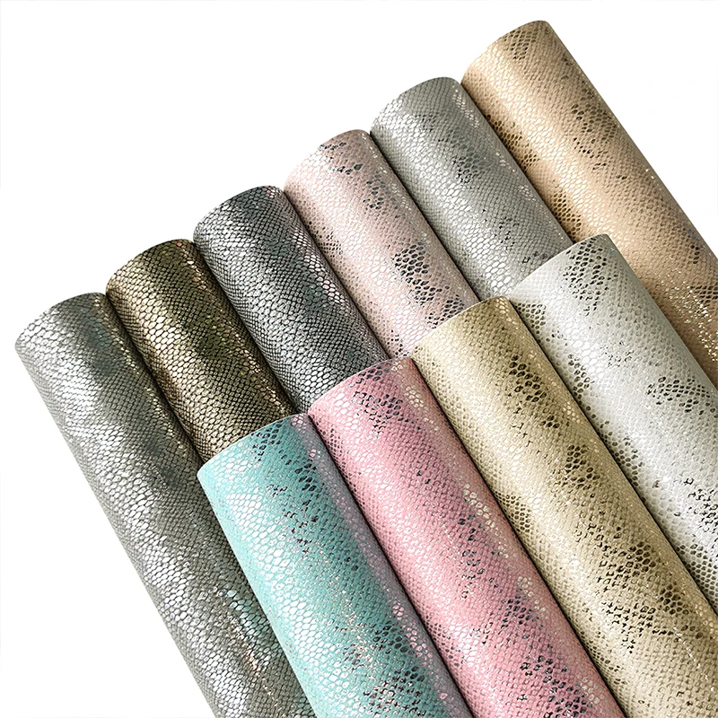 

Metallic Snake Skin Design Pattern Bronzing Vinyl PU Faux Leather Fabric Sheet for Making Shoe Bag DIY Accessories Wallpaper