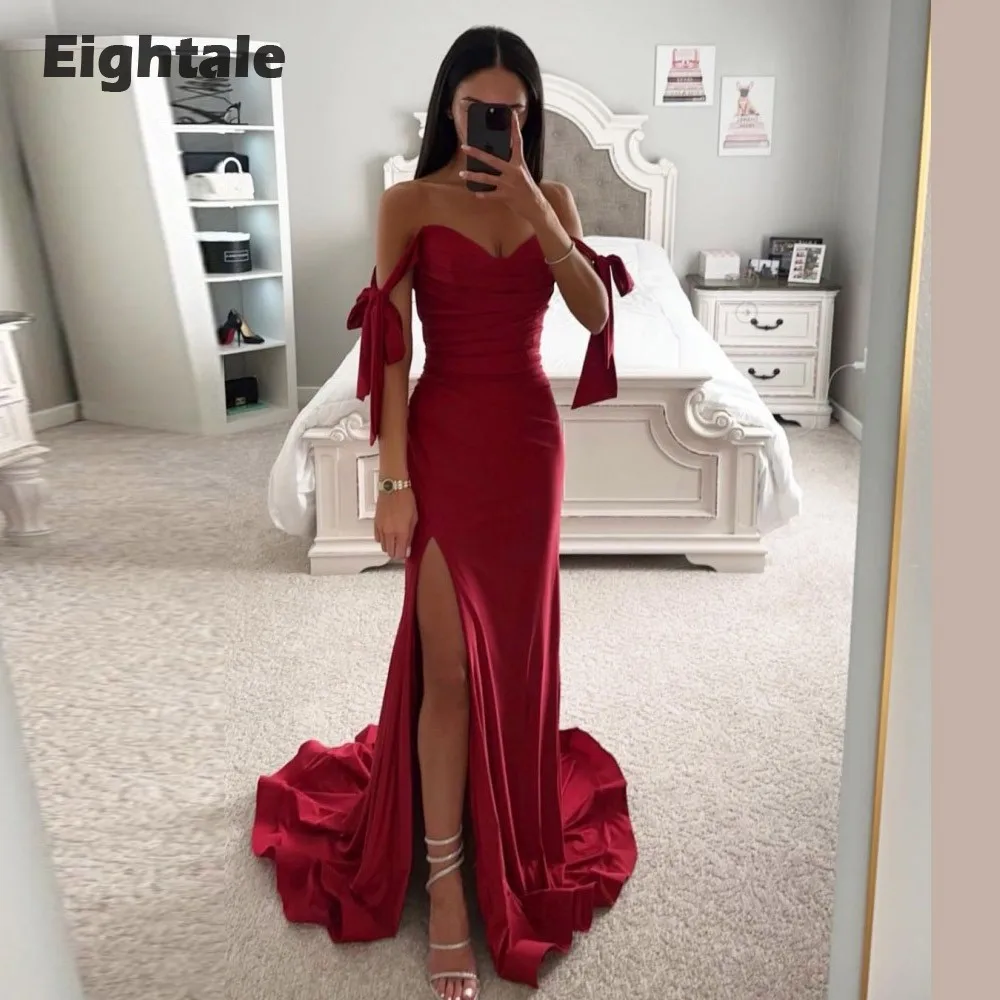 

Платье женское вечернее атласное с открытыми плечами и разрезом сбоку