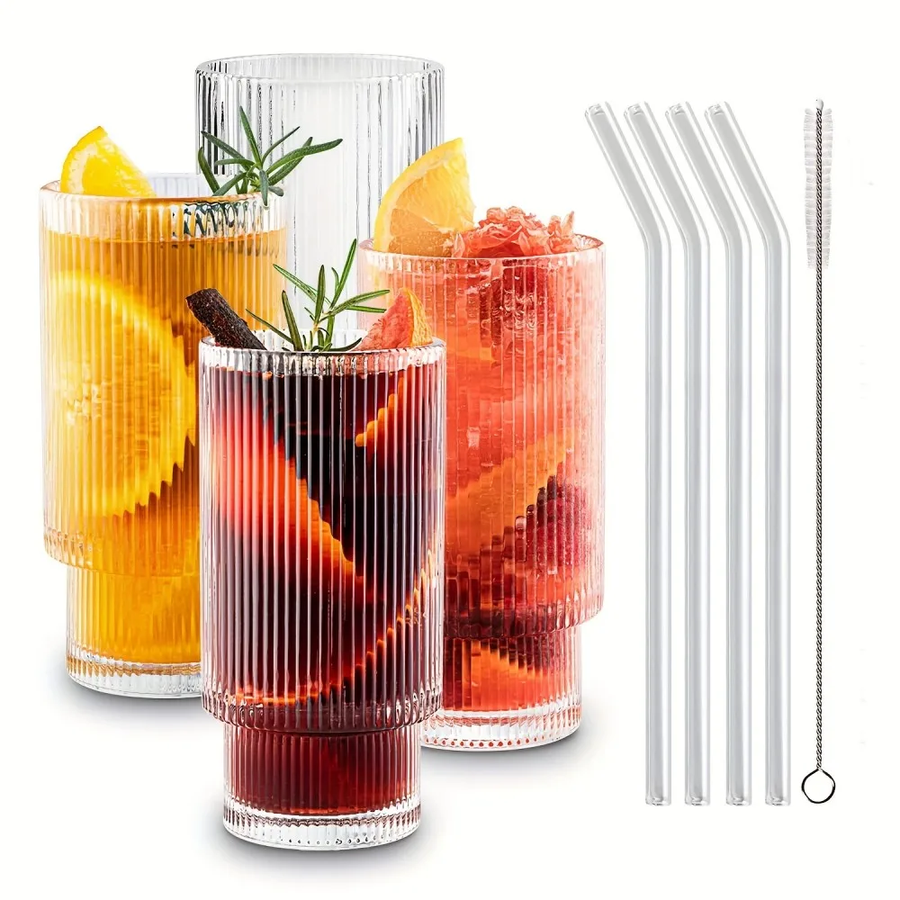 

4 шт. в упаковке, стеклянные зеркальные прозрачные винтажные ребристые очки для сока, холодного кофе, чая и коктейлей (11 унций)