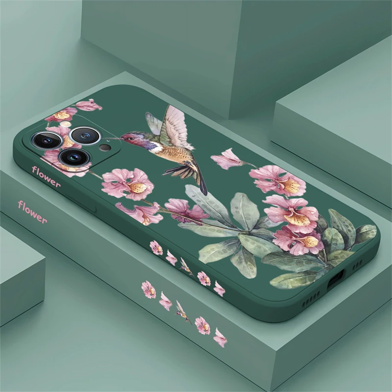 Чехол для телефона с рисованными цветами и птицами iPhone 13 15 14 11 12 Pro Max Mini X XS XR 7 8 Plus SE