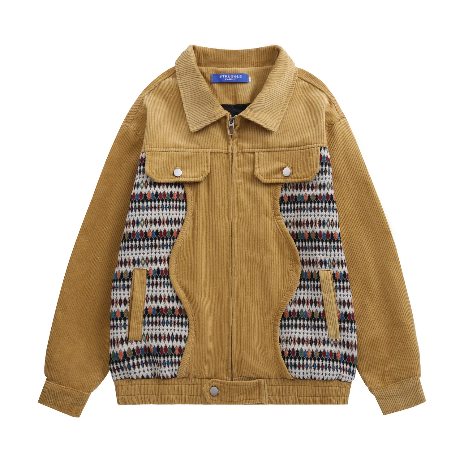 

Vintage Patchwork Embroidery Corduroy Jacket for Men's and Women's Retro Baggy Baseball Collar Zip Up Jackets Coats Male Clothes