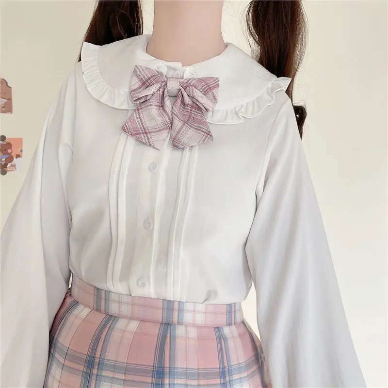 

Long Sleeve White Shirt Teen Girls Women Spring Autumn Japanese Preppy Style Kawaii Frilly Peter Pan Collar Lolita Blouse Tops
