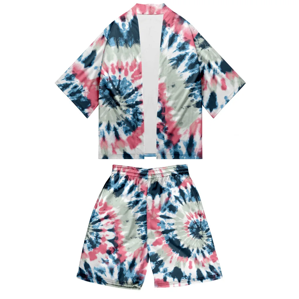2PCS Men Tie Dye Robe Sets Short Sleeve Kimono&Shorts Pajamas Suit Summer Couple Sleepwear Home Clothes Large Size Nightwear