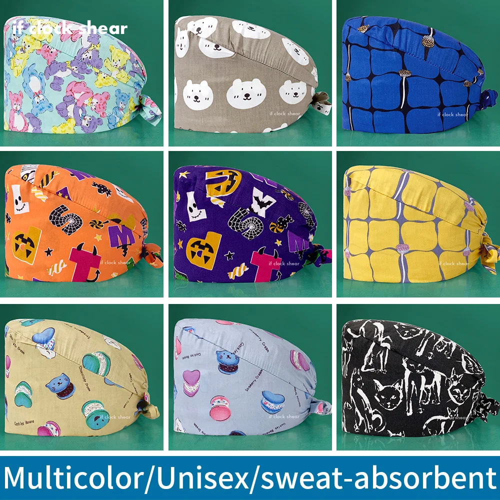 

Fashion Cartoon Print Medical Scrub Cap Unisex Cotton Adjustable Pet Clinic Veterinary Nursing Hat Elastic Beauty Salon Work Hat