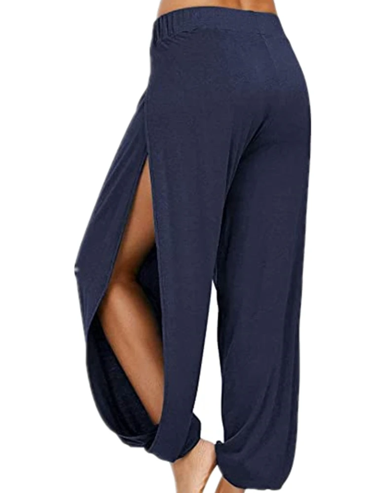 

S-3XL Plus Size Women Summer Causal Beach Trousers Loose Dance Wide Leg Pants Elastic Waist Open Side High Split Trousers