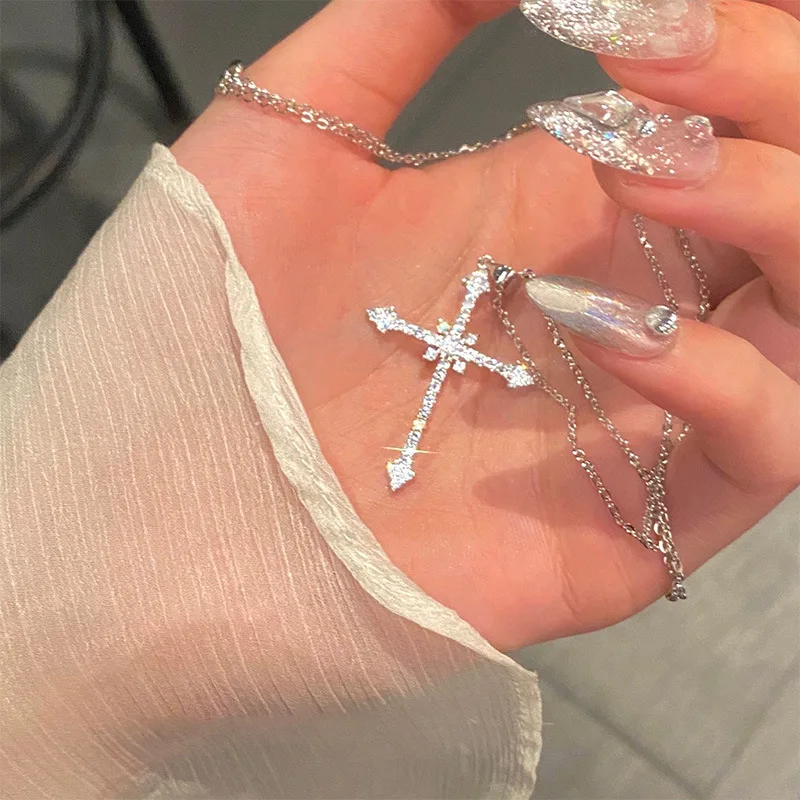 

New Fashion Crystal Zircon Cross Pendant Necklace for Women Girl's Crystal Chain Necklace Punk Party Jewelry
