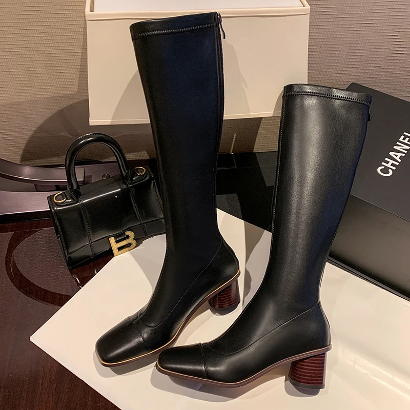 

2022 Autumn Winter Square Toe Knee High Boots Sexy High Heels Women Boots Band Design Night Club Shoes Size 41 42