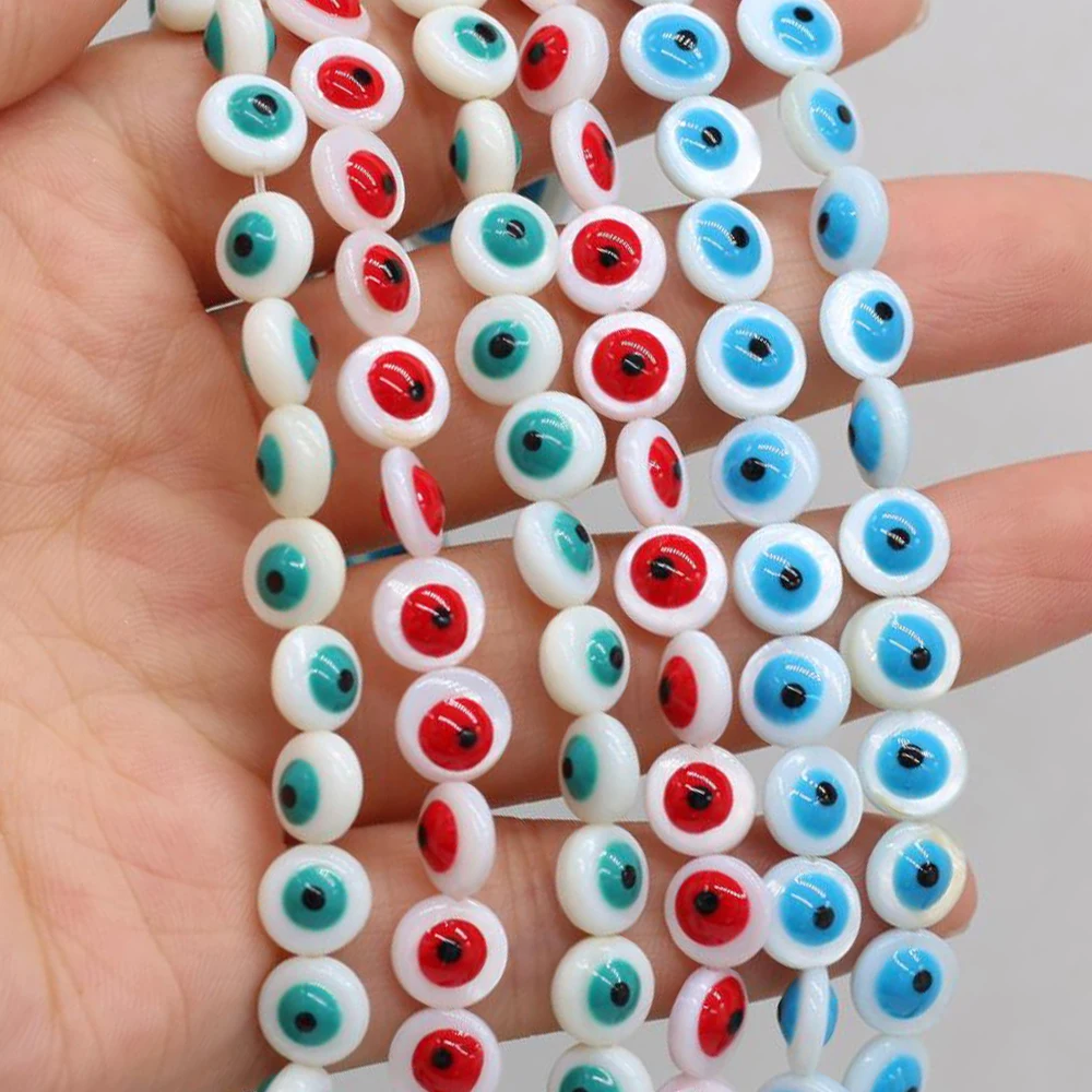 

Natural Freshwater Shell Evil Eye Shell Pearl Bead Flat Round Loose Spacer Stone Beads for Jewelry Making DIY Necklace Bracelets