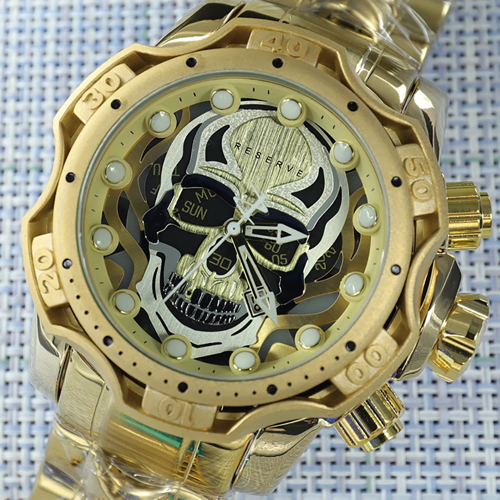 

Undefeated Skeleton Skull Design Dial Men Watch Waterproof Luxury Watch Gold Invicto Reloj Full Steel Clock Relogio Masculino