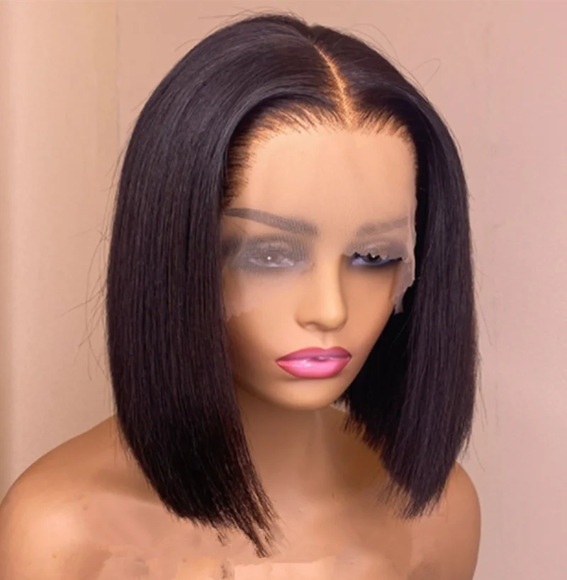 Natural   Short  Bob Wig  Silky Straight  Black   soft  Lace Front Wigs  Blunt Cut Bob Wigs  For Women