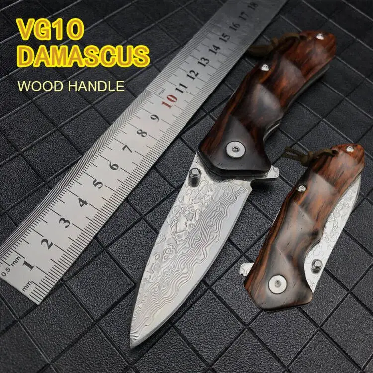 

67 Layers VG10 Damascus Steel Knife Wood Handle EDC Outdoor Knife Tactical Tool Self-defense Combat Folding Knife Gift Sheath