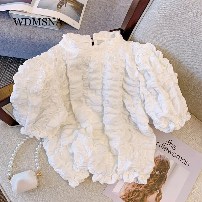 

WDMSNA Short Puff Sleeve Folds Shirt Women French Retro White Blusa Feminina 2022 Summer O-Neck Blouse Women Crop Top