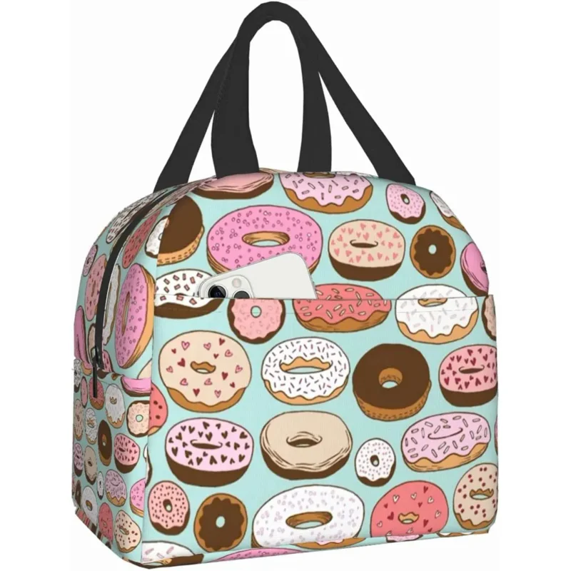 

Colorful Donuts Box Insulated Boxes Waterproof Bag Reusable Lunch Tote With Front Pocket For School Office