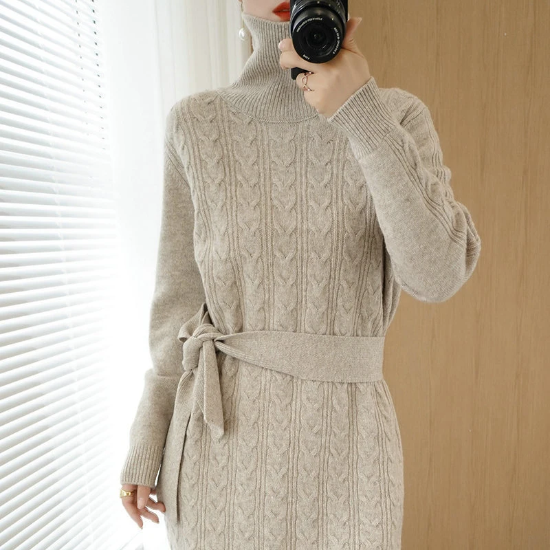 

High-neck Cable-knit Dress With Belt Mid-length Autumn And Winter Knee-length High Quality Warm Ladies Casual Fashion Vestido