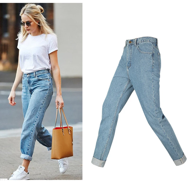 Vintage High Waist Mom Jeans For Woman Y2k Casucal Style Ladies Straight Denim Light Washed Pants Simple Trousers