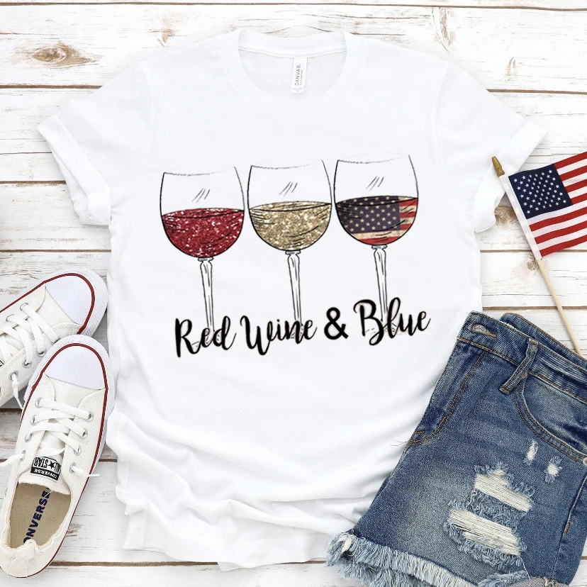 Print Short Sleeve Wine 4th of July O-neck Summer Tee Clothes Casual Fashion Women Clothing Tshirt Female Top Graphic T-shirt