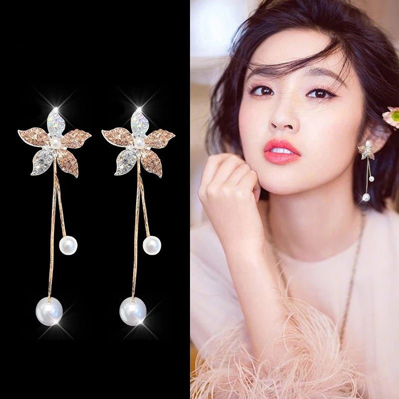 

VSnow Korean Fashion Silver Colorful Bauhinia Dangle Earings for Women Creative Long Tassel Simulation Pearl Ring Jewelry