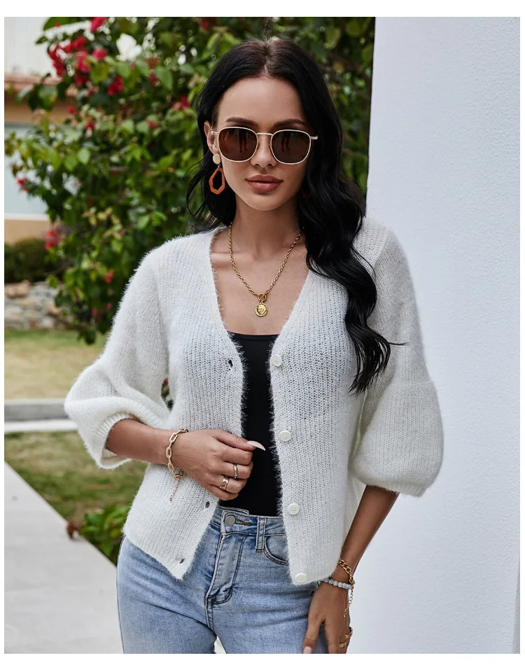 

New V-neck Short Knitted Sweater Purple Sweater Loose Casual Split Sleeve Knitted Cardigan