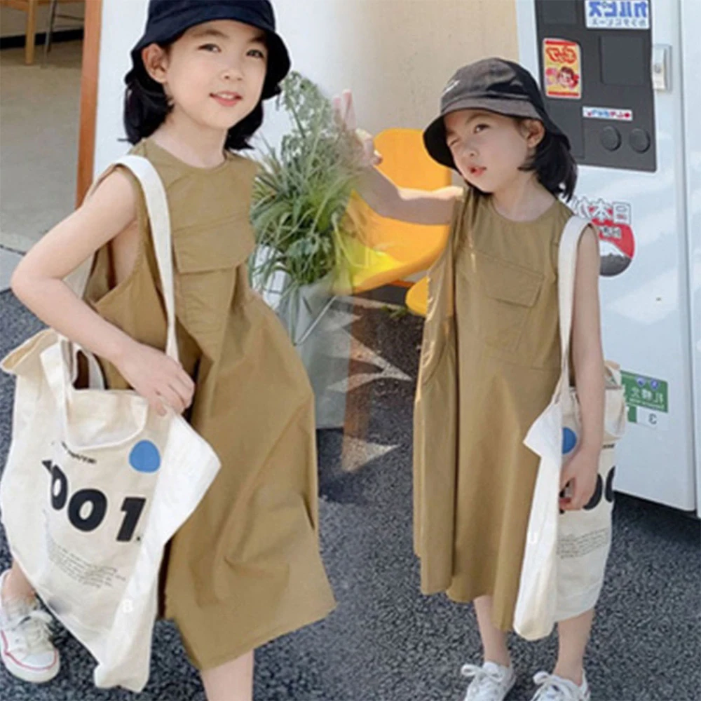 

Solid Girls Casual Dresses Summer Sleeveless Girls Dress Pocket Children's Clothing Sundress Baby Kids Clothes 2-6Y Vestidos