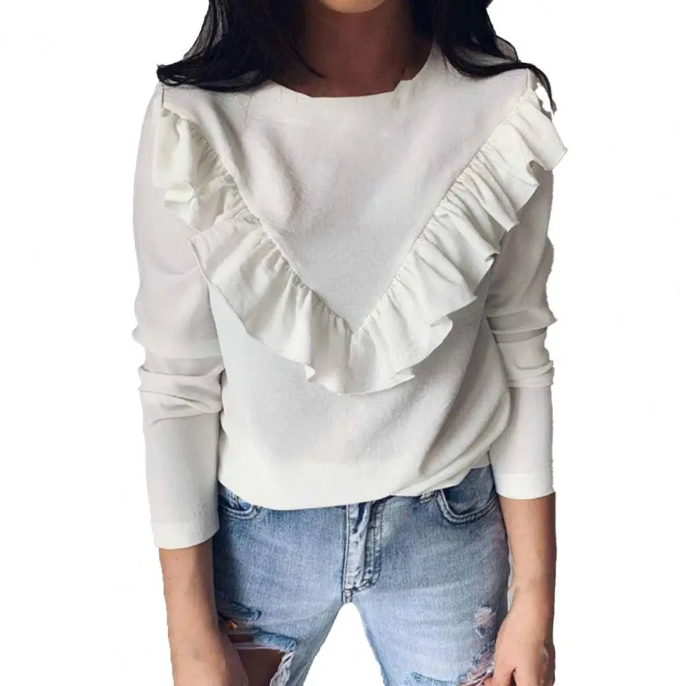 

Lady Shirt Solid Color Flounce Edge O Neck Casual Spring Top for Daily Wear