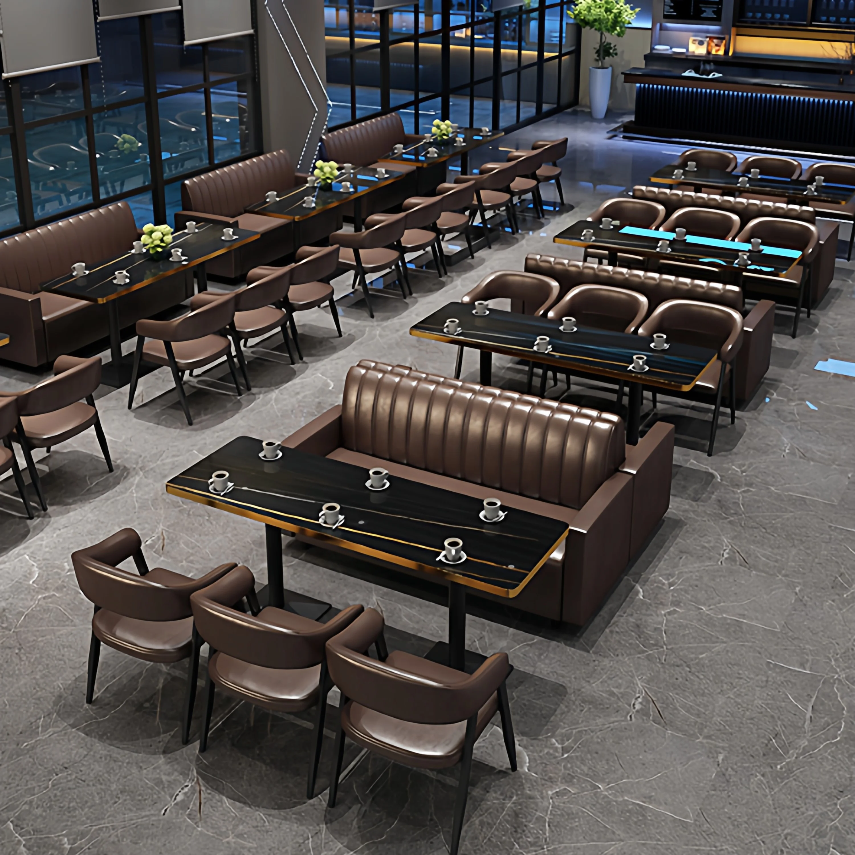 Фото Комплект мебели для кафе/бара в ретро-стиле: диван-кабинка из ПУ, стол 1,8 м, четыре стула, U-образная/полукруглая сидушка на заказ №4