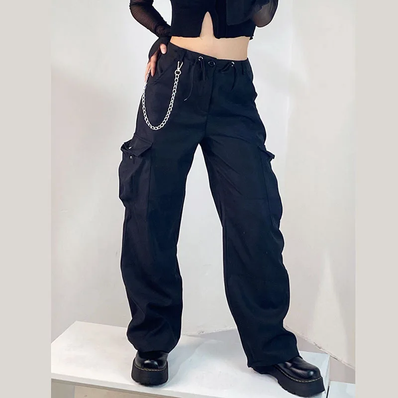 

Harajuku Women Fashion Wild Cargo Trousers Solid Color Drawstring Tie-Up Straight Pants Spring Autumn Casual Pockets Slacks