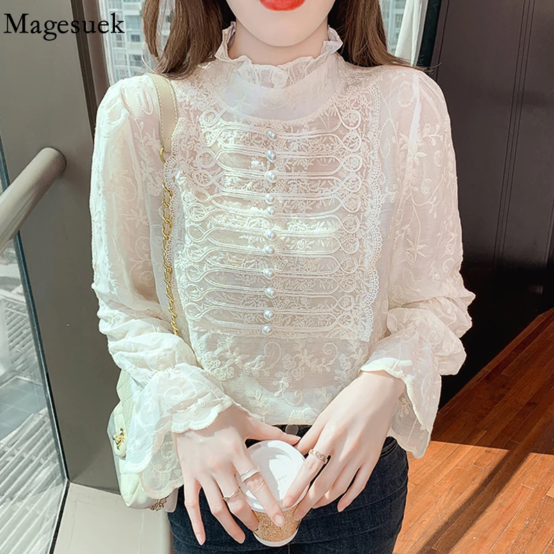 

2022 Spring Lace Blouse Elegant Beading Vintage Shirts White Stand Collar Long Sleeve Korean Style Women Tops Blusas Mujer 18870