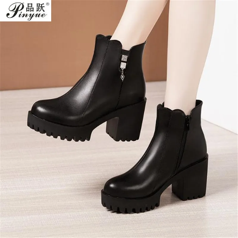

Height 8cm Autumn Women Shoes boots Retro Round Toe Winter Platform Boots Womens Heel chunky Genuine Leather Ankle Boots