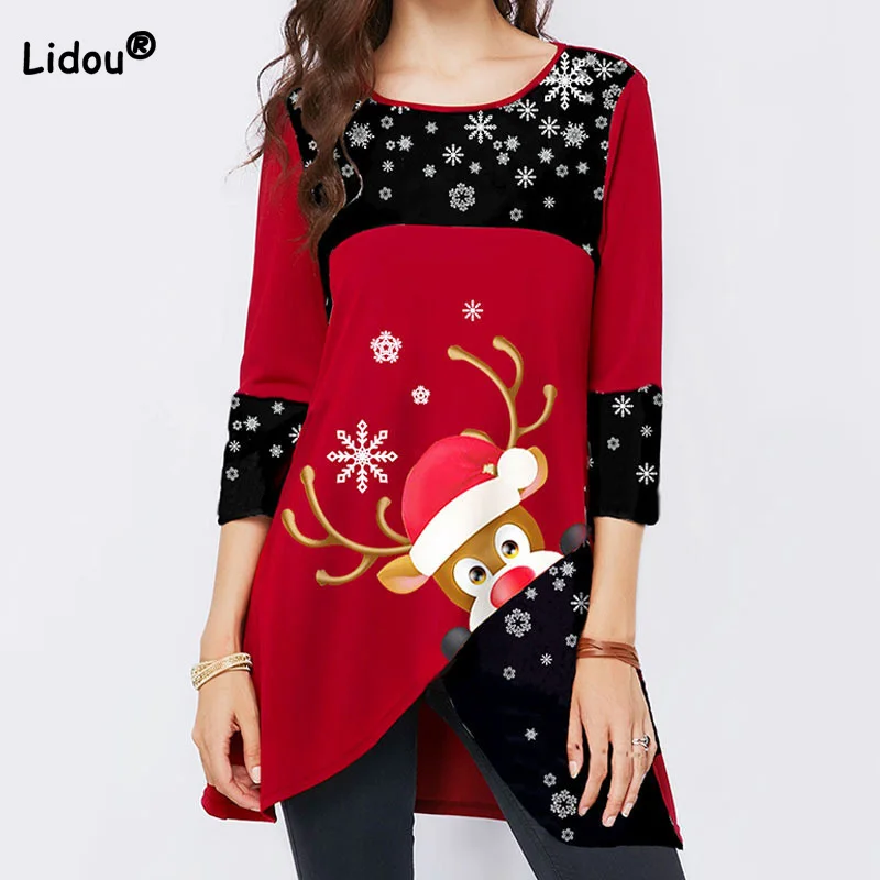 Купи Autumn Winter Christmas Snow Elk Print Long Sleeve T-Shirt Casual O-Neck Pullover Slim Medium and Long Term Tops Women Clothing за 995 рублей в магазине AliExpress