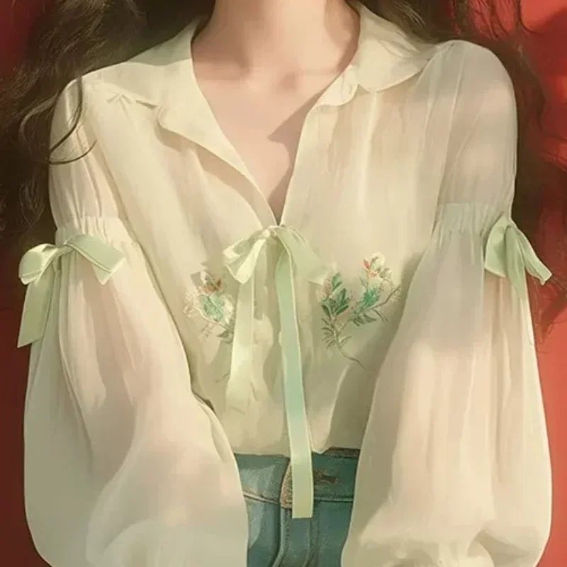 Шифоновая женская рубашка в китайском стиле летняя новая однотонная Корейская