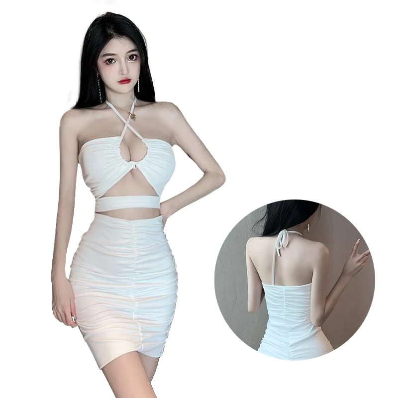 

Woman Sexy Hollow Out Backless Mini Dress Korean Waist Out Strapless Skirt Club Neck Hanging Strap Fashion Hip Warp Girl Clothes