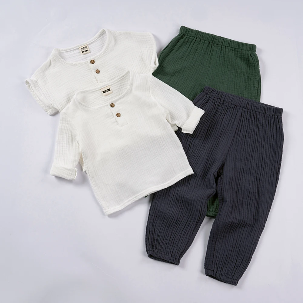 

2PCS Muslin Organic Kids Outfits Cotton Solid Long Sleeve T-shirt+pants Suits Boys Girls Loose Children Clothes Sets Summer