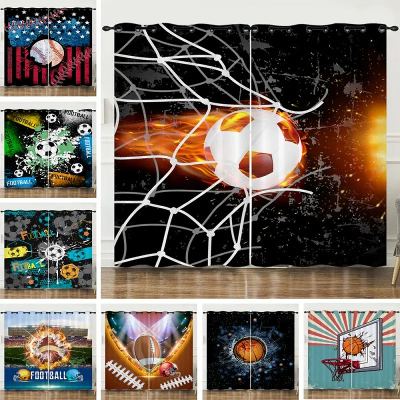 

Football Blackout Curtains Sports Curtain Soccer Ball Black White Red Darkening Window Dreapes for Bedroom Children