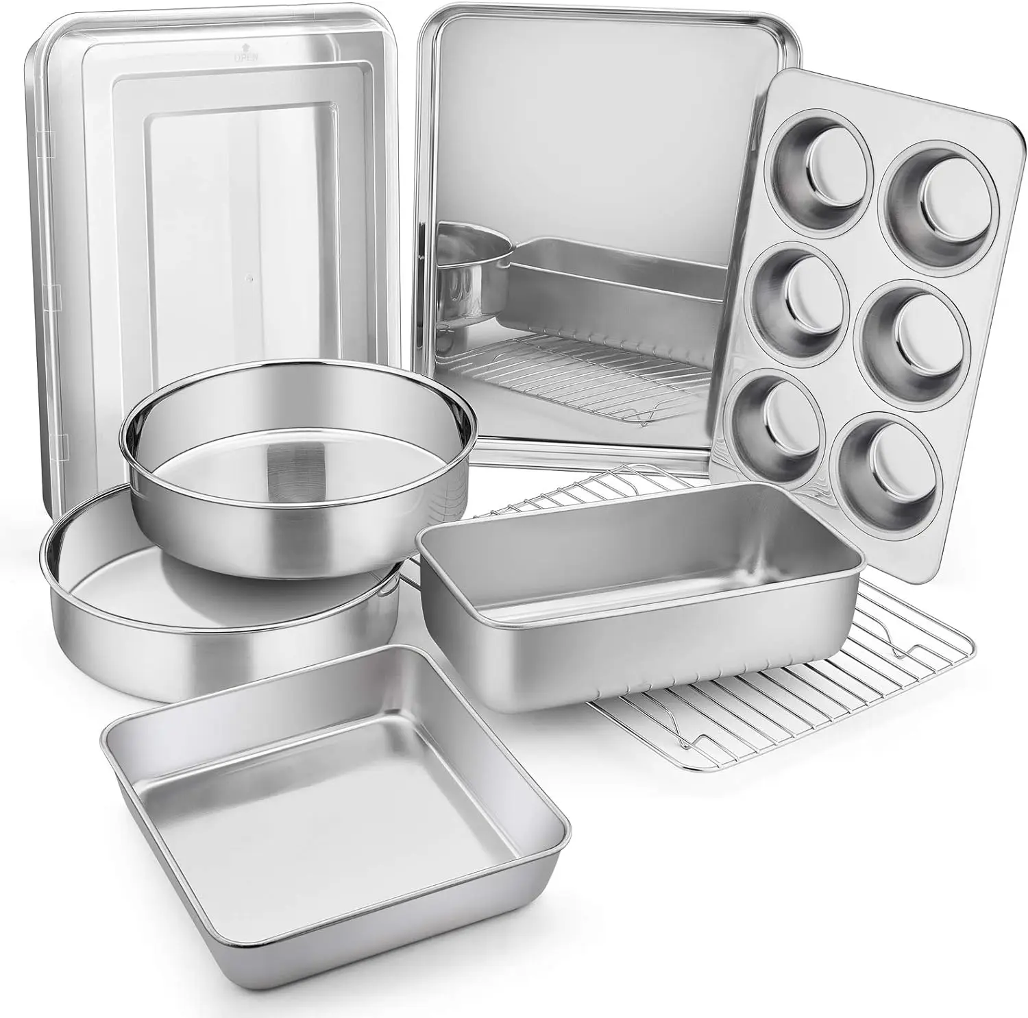 

Bakeware Set, Metal Baking Pan Set of 9, Include Round/Square Cake Pans, Rectangle Baking Pan with Lid, Loaf Pan, Muffin Pan, C