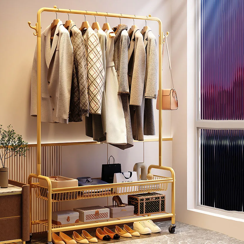 

Living Room Clothes Rack Hanger Stand Gold Metal Floor Shelf Clothes Rack Boutique Bedroom Perchero Ropa Nordic Furniture TY15XP