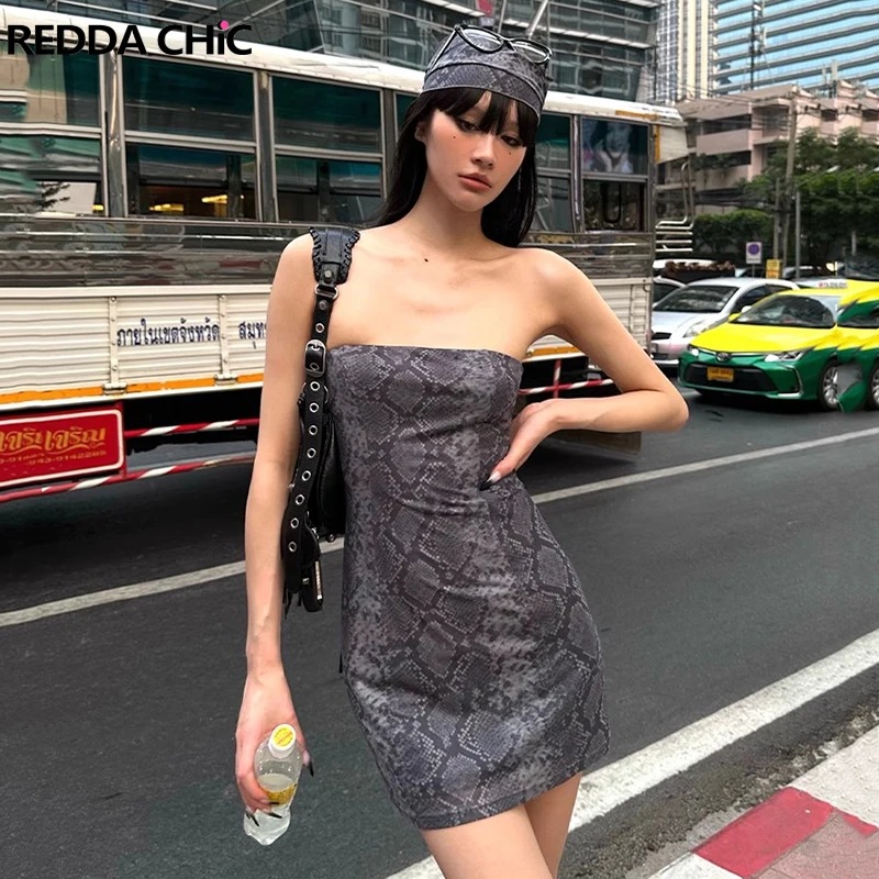 

ReddaChic Graphic Printing Serpentine Corset Mini Dress with Headscarf Women One-Piece Grunge Y2k Sleeveless Bodycon Bohemian