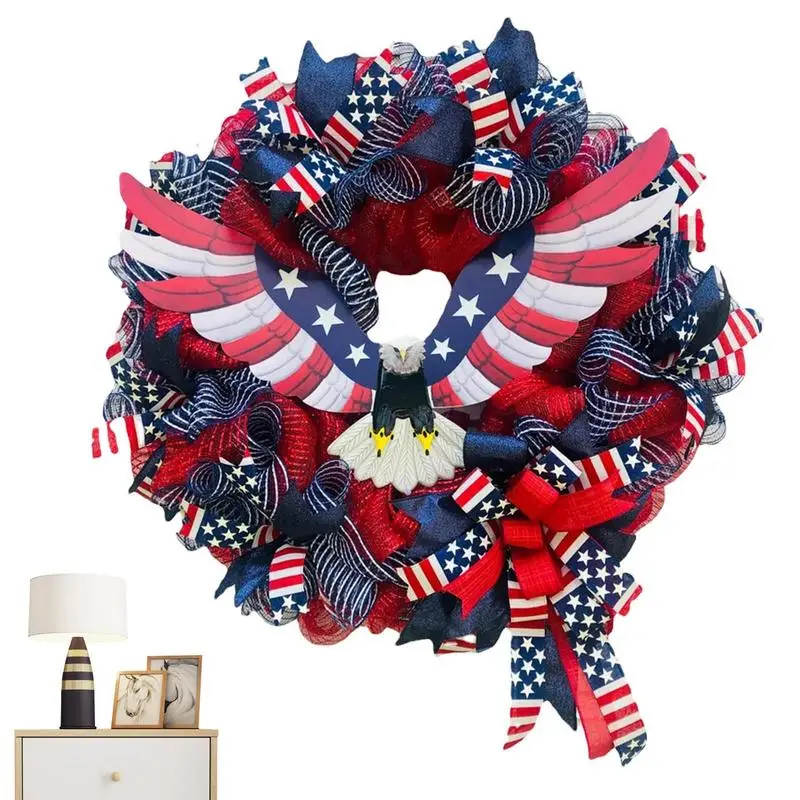 

4th Of July Wreath Patriotic Eagle Independence Day Door Wreath 40cm/15.74inch Red White And Blue Patriotic Front Door