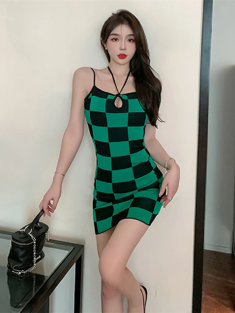 Summer Dress Women Sexy Plaid Bodycon Evening Dresses Girls T Shirt Women Sleeveless Vest Crop Tops Skinny Slim Kinitted Y2K
