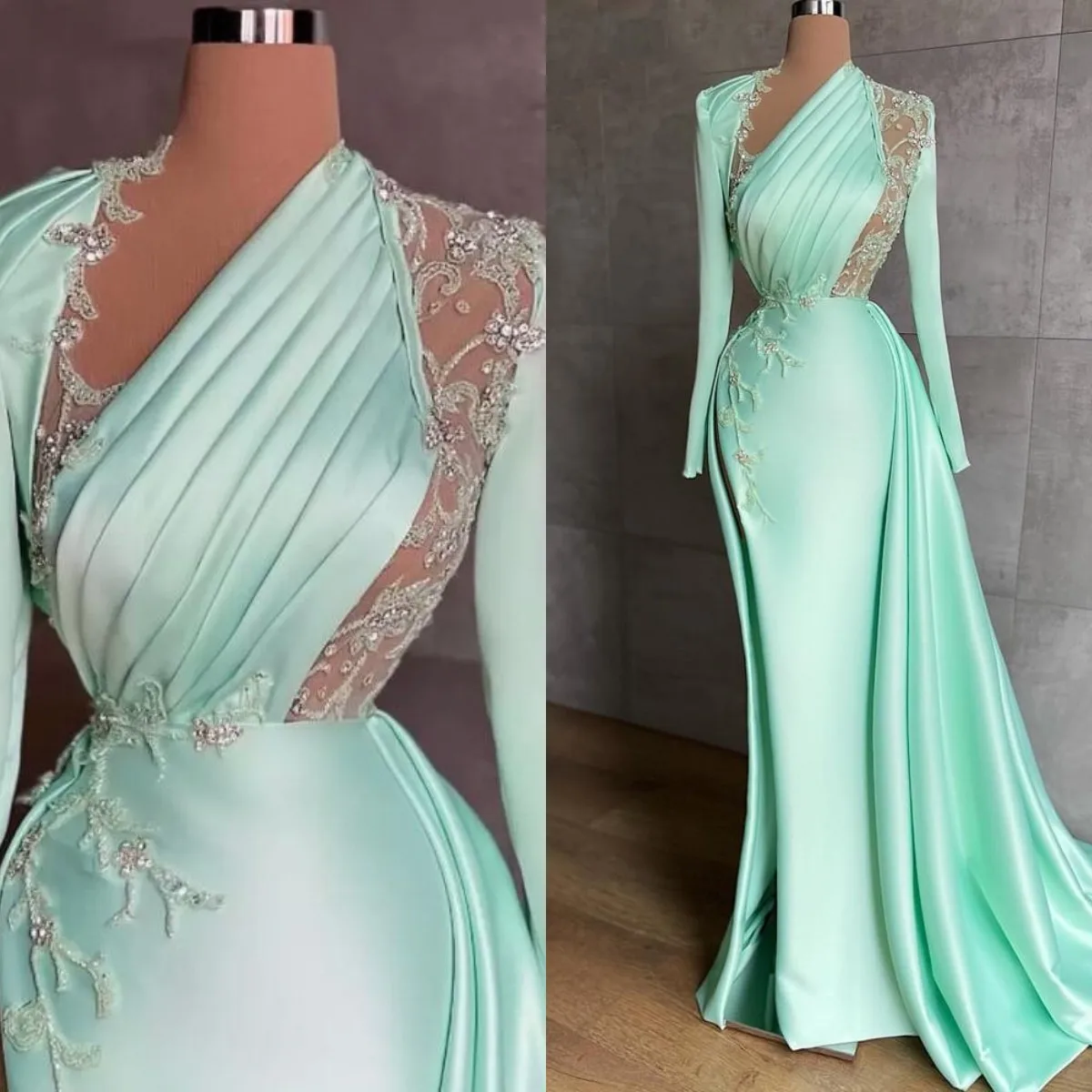 

Mint Green Evening Dresses for Women 2022 Elegant Lace Beading Mermaid Prom Gowns Side Split Pleats vestido de novia