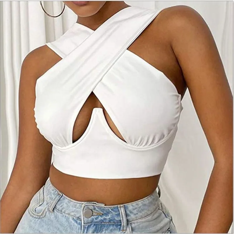 

2023 Summer Splicing V-neck Cross-wrapped Chest Steel Ring Fish Bone Hot Girl Vest Y2k Tops